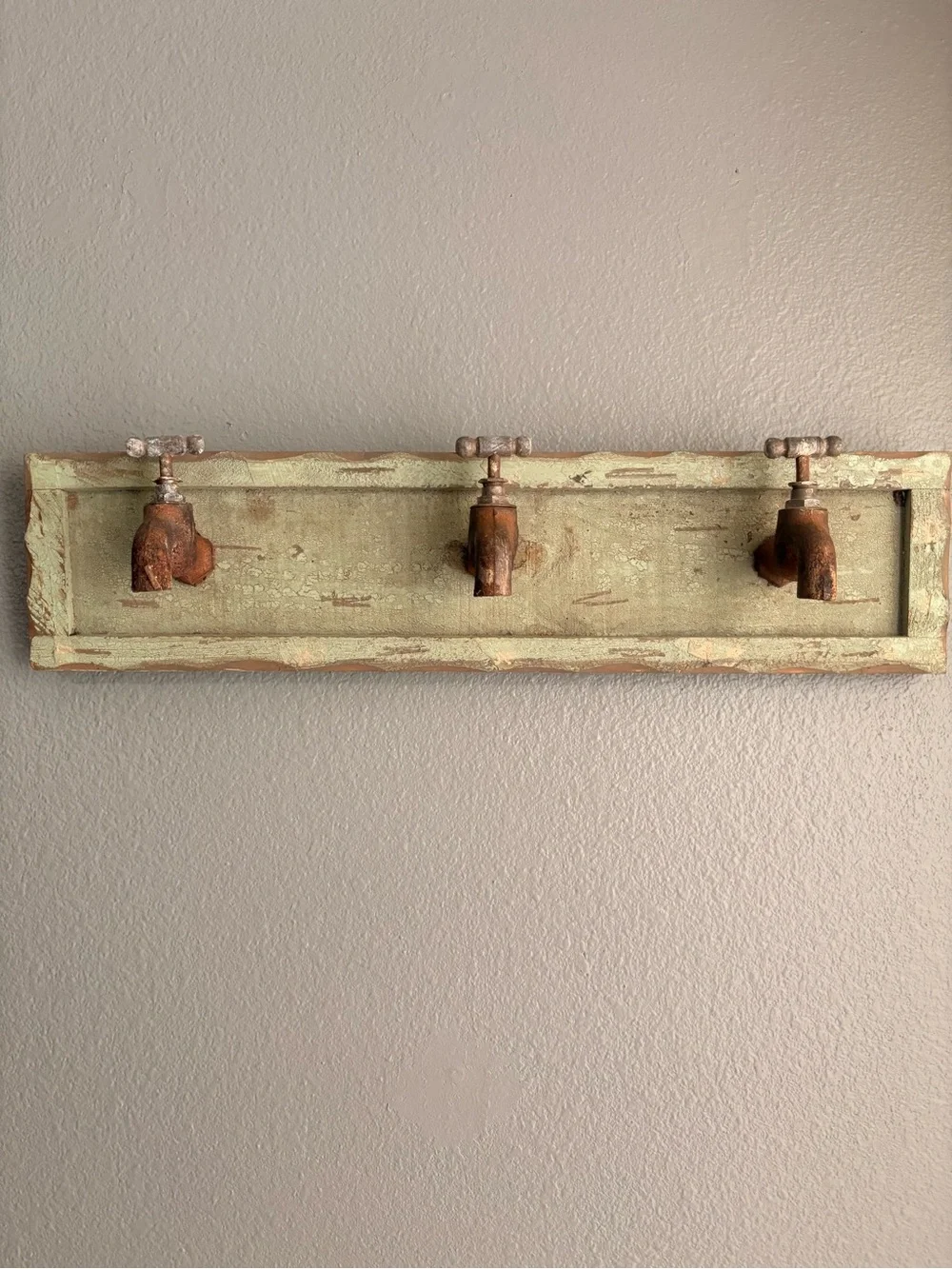 Distressed Green Wall Hook Rack with Faucet-Style Hooks